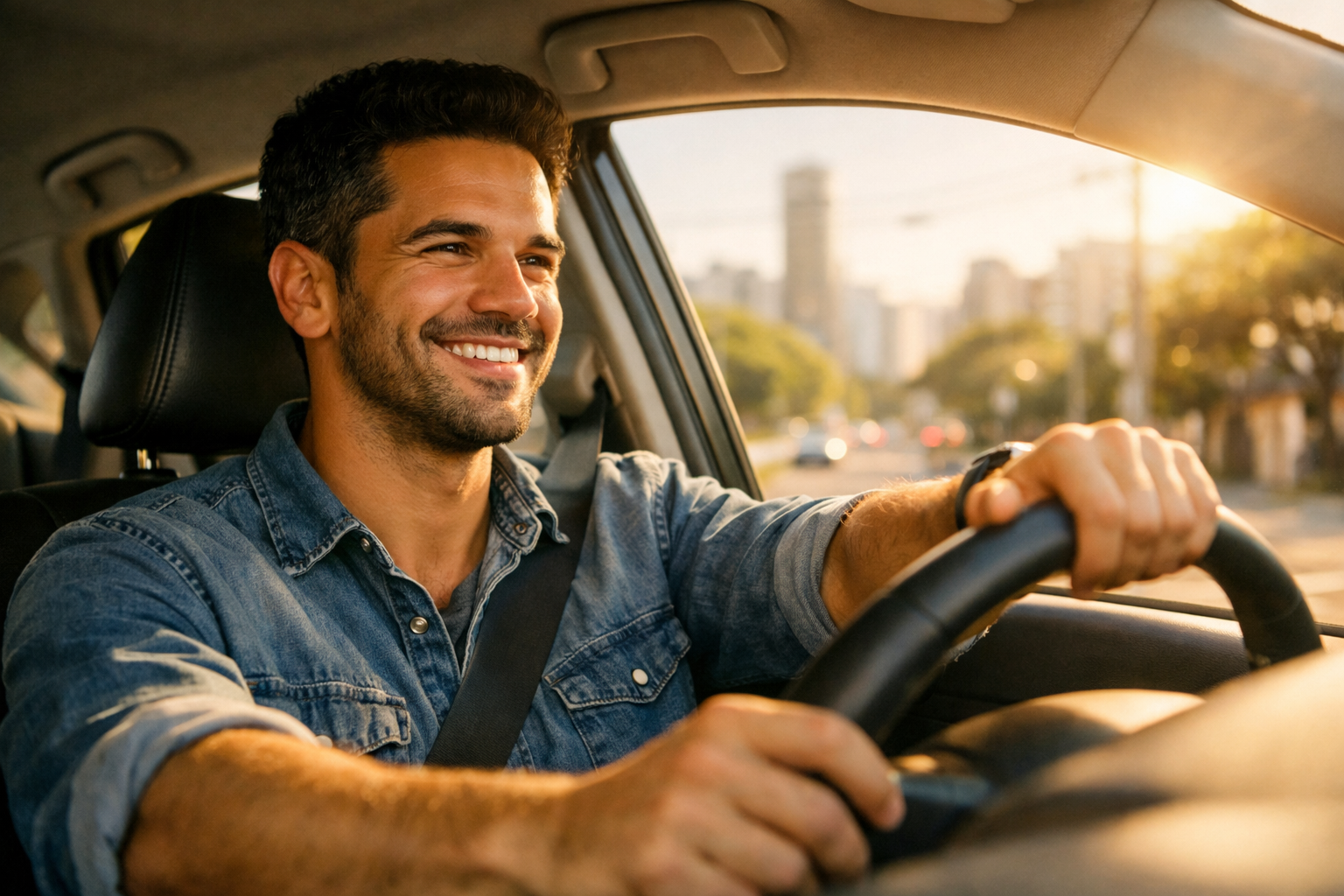 Motorista tranquilo dirigindo com seguro auto em Curitiba