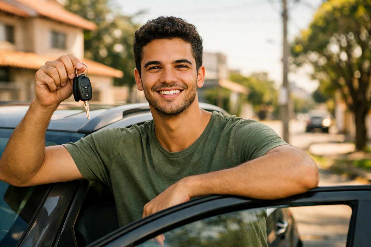 Jovem motorista feliz com seguro auto em Curitiba