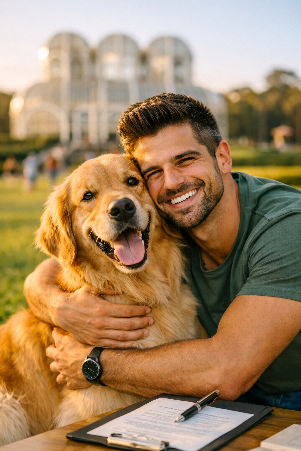 Homem abraçando seu cachorro no parque — plano de saúde para cães em Curitiba