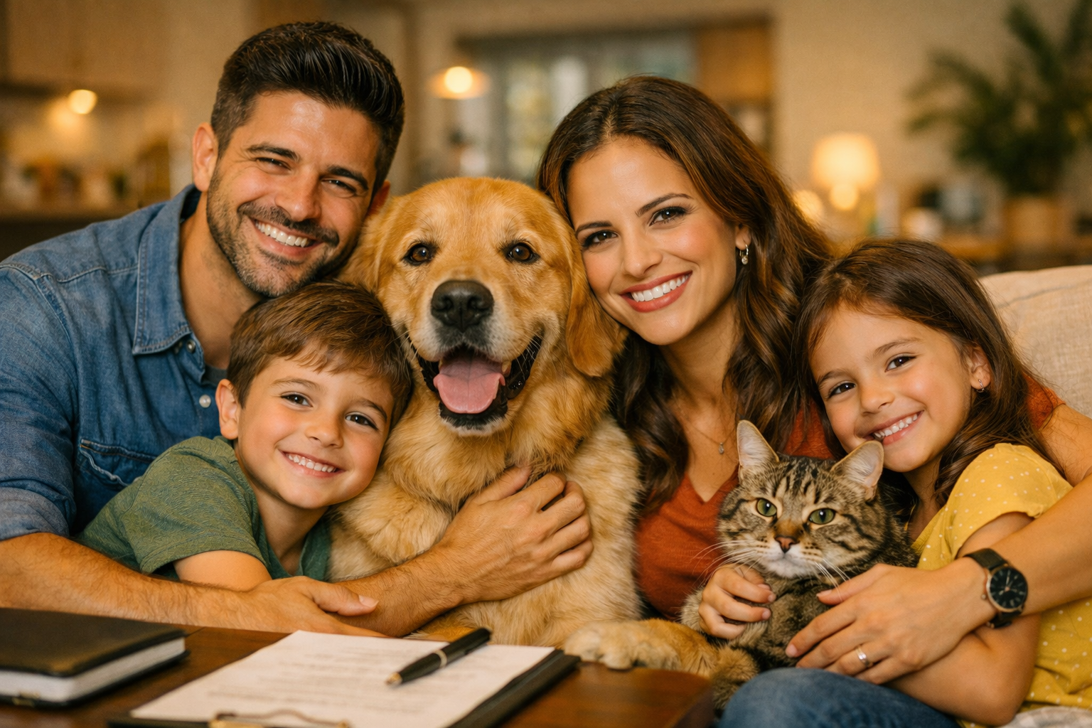 Família com cachorro e gato em casa — plano de saúde para pets família Curitiba