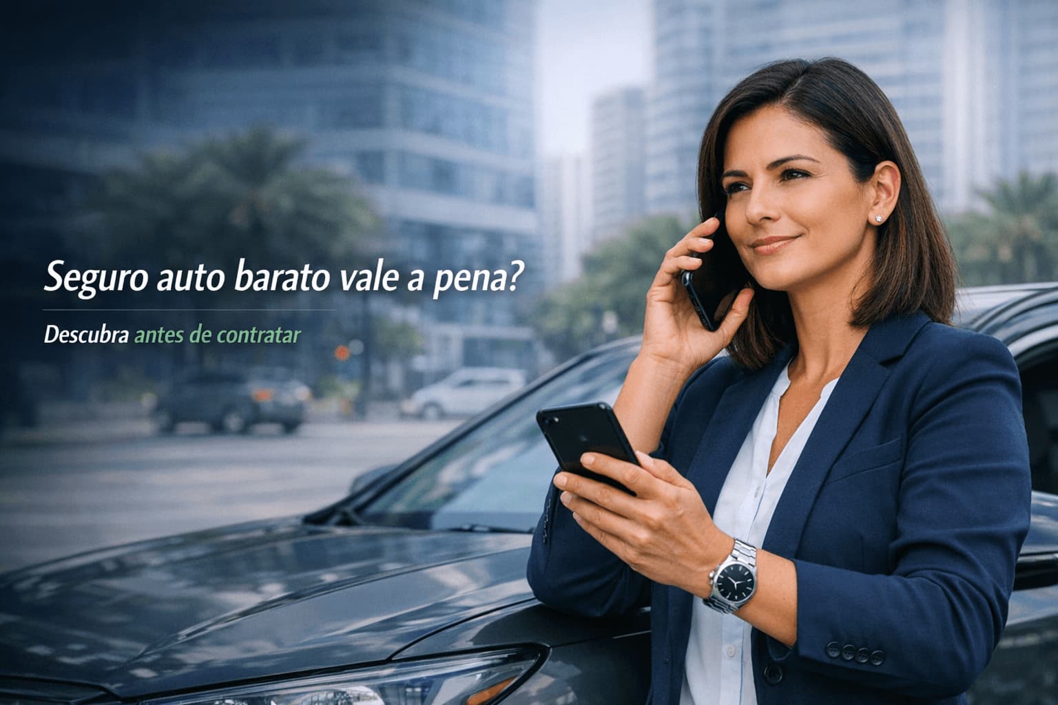 Pessoa analisando seguro auto barato no celular ao lado do carro