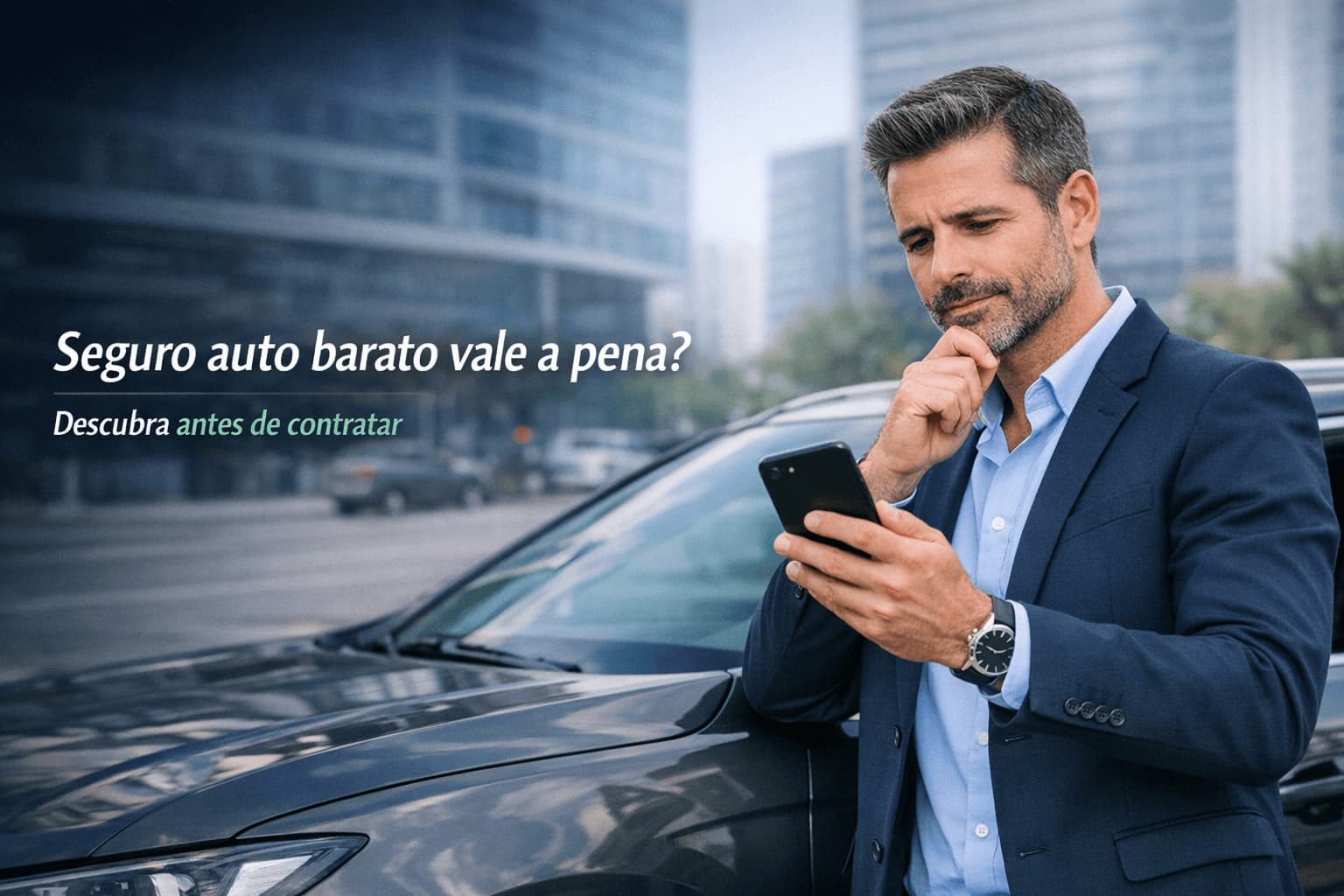 Motorista comparando opções de seguro auto com o carro ao fundo
