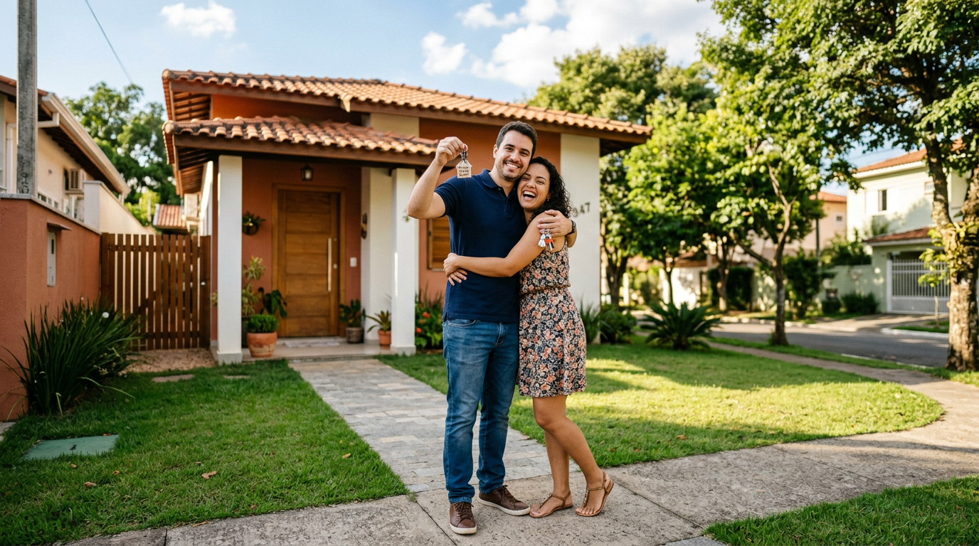 Casal jovem conquistando a casa própria — seguro de vida e proteção financeira em Curitiba
