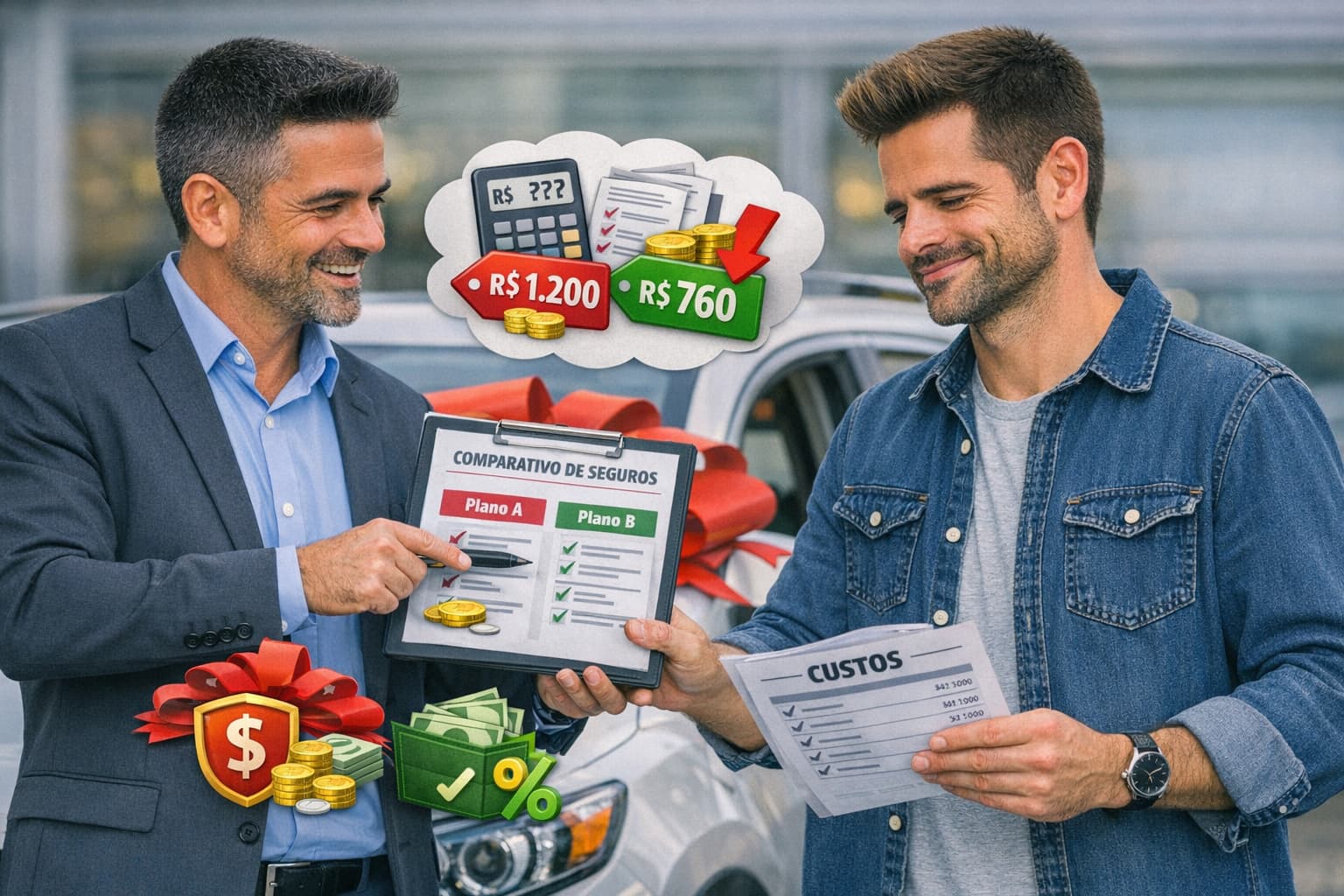 Cliente analisando preços do seguro auto com corretor