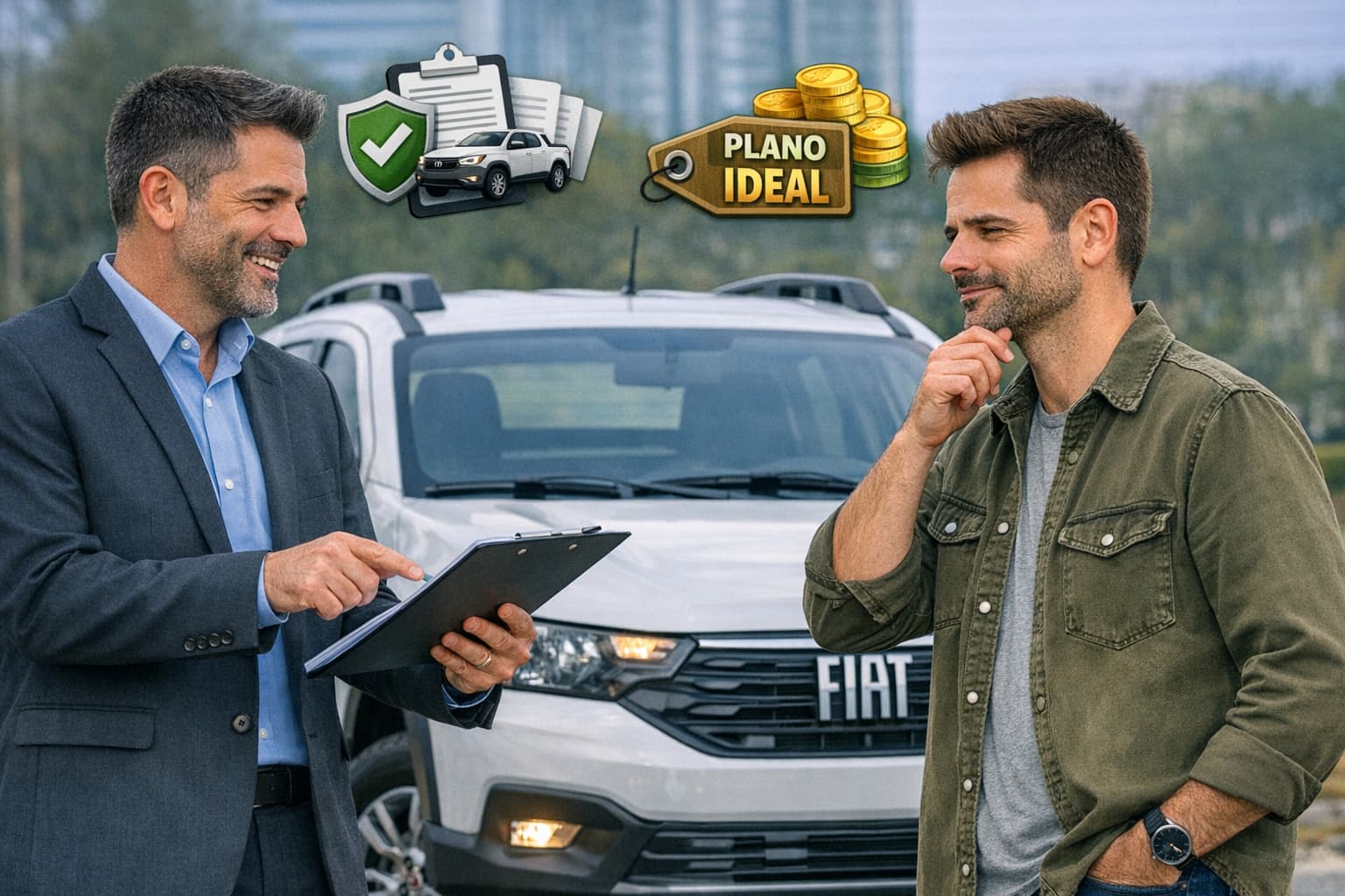 Corretor orientando cliente sobre seguro Fiat Strada
