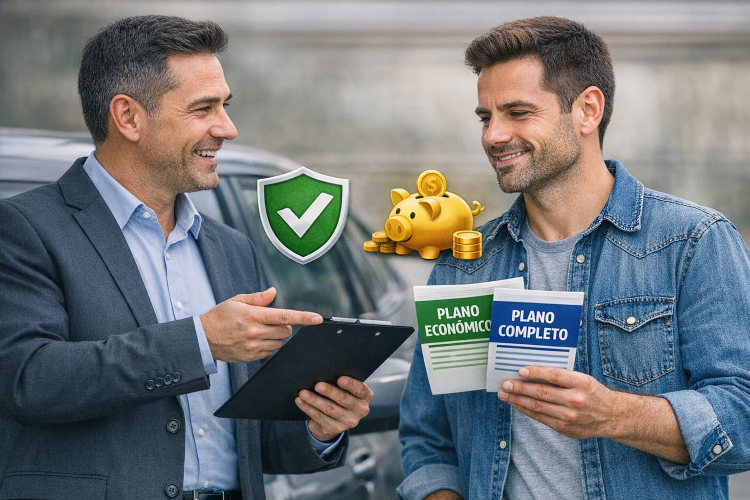 Corretor explicando troca de seguro auto para cliente