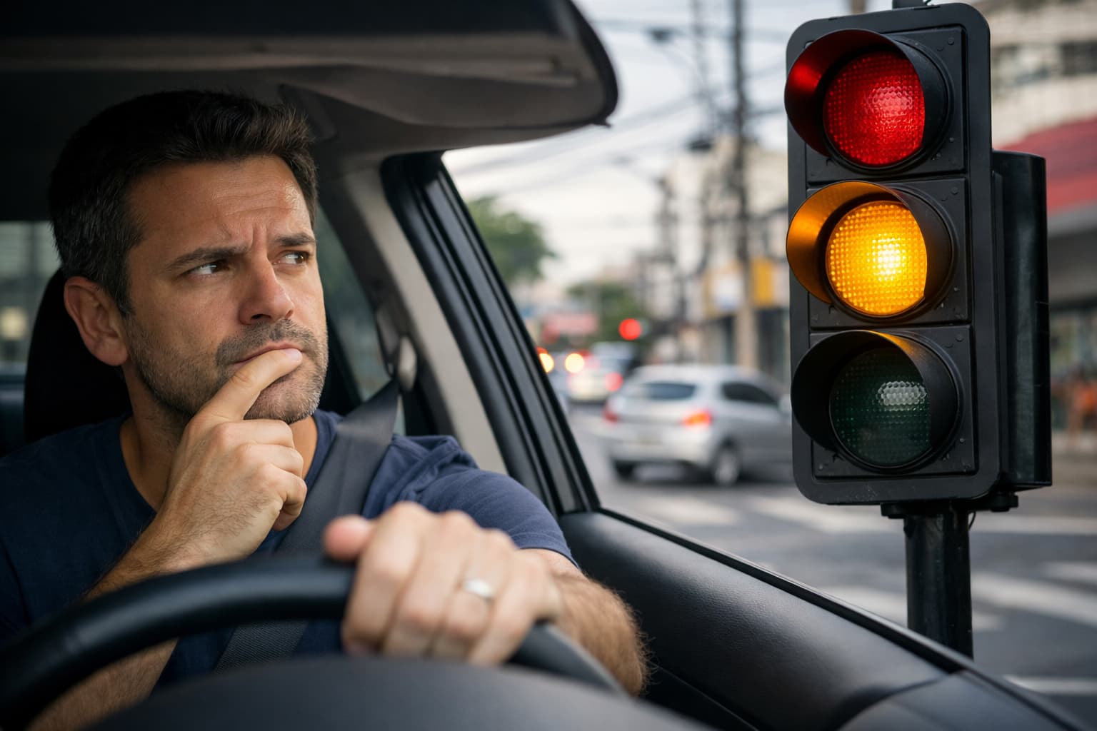 motorista em dúvida no sinal amarelo em cruzamento urbano