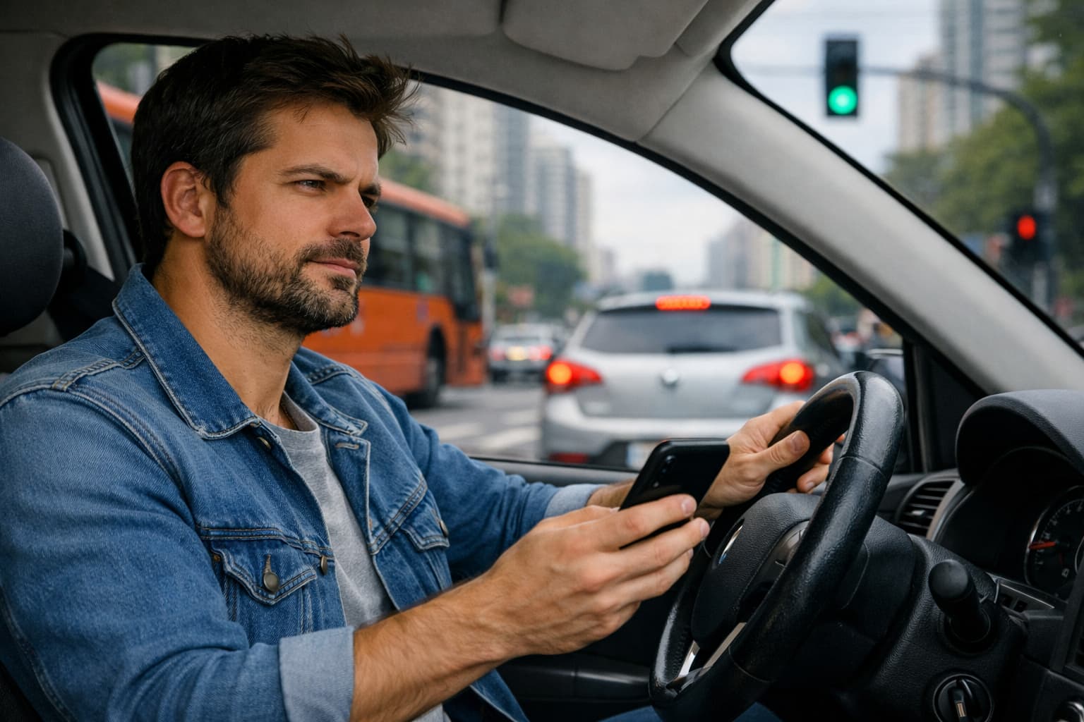 motorista dirigindo com atenção sem usar celular