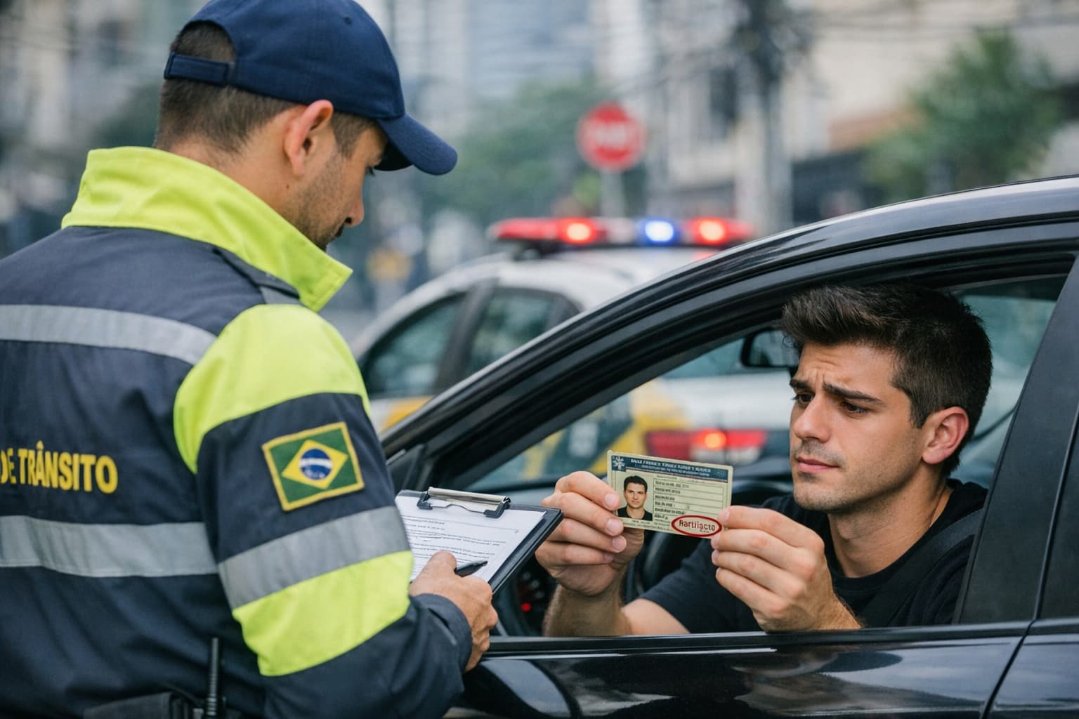 fiscalização de trânsito verificando documento do motorista