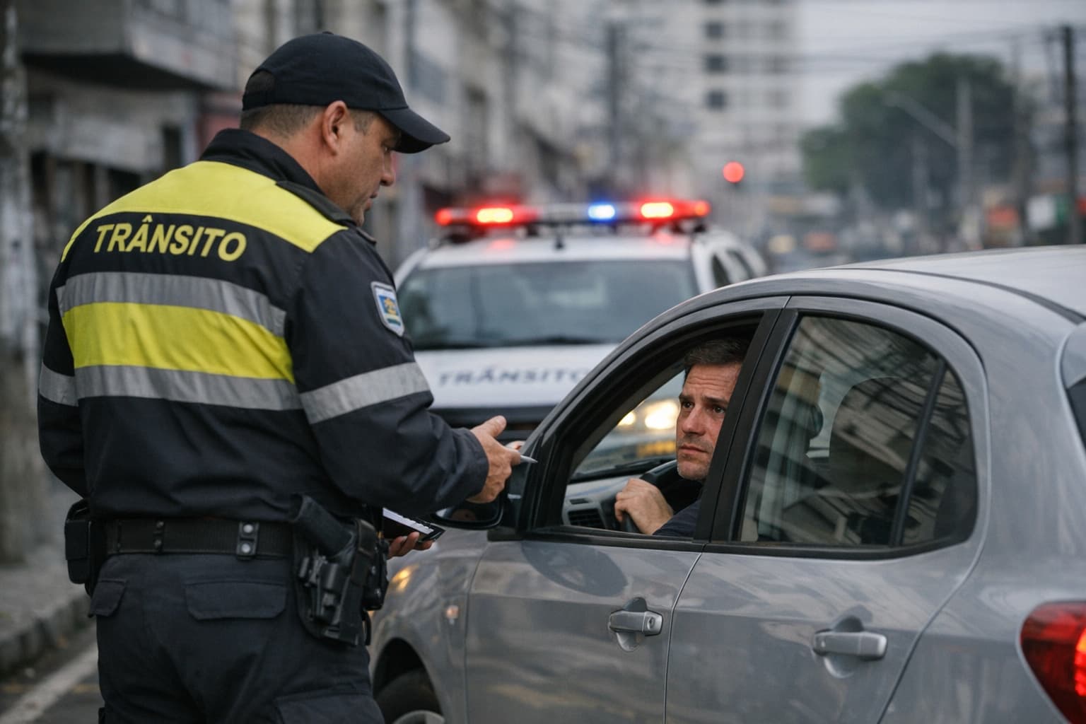 agente de trânsito abordando motorista após infração de contramão