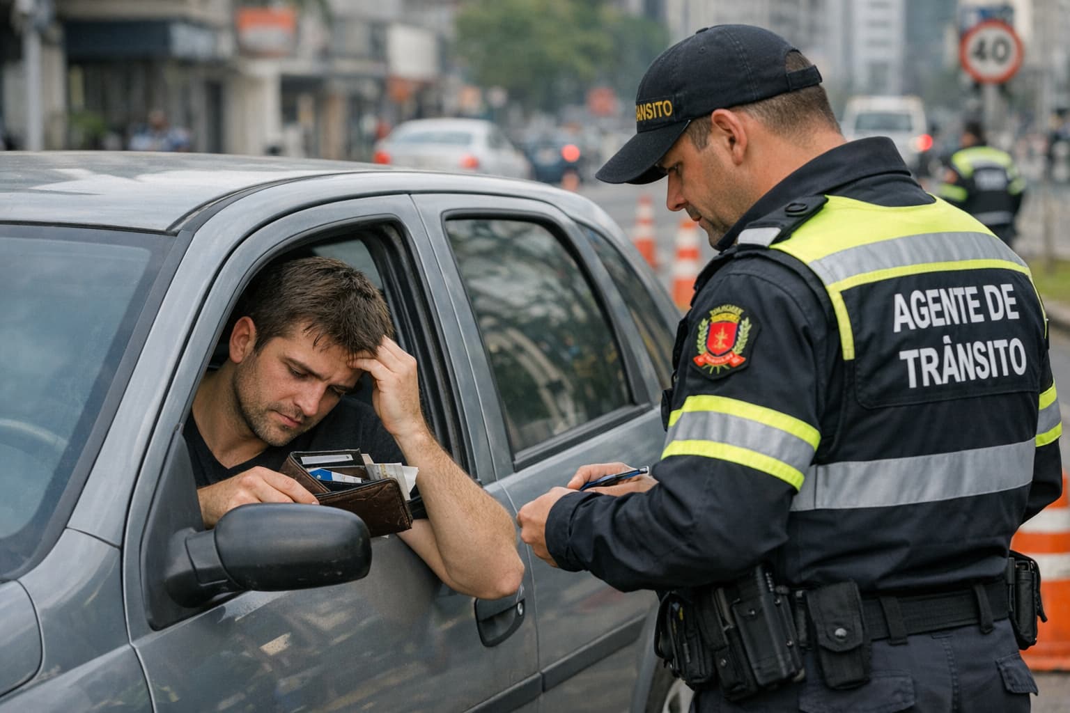 agente de trânsito abordando motorista sem carteira de habilitação