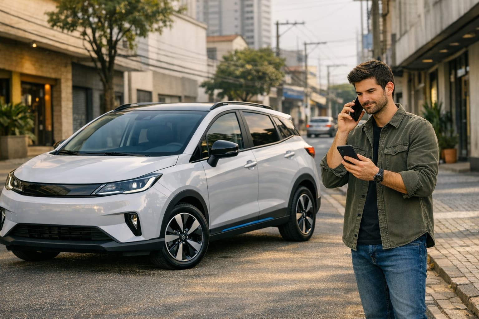 Motorista analisando seguro e custo do Geely EX2 em Curitiba - Montreal Corretora