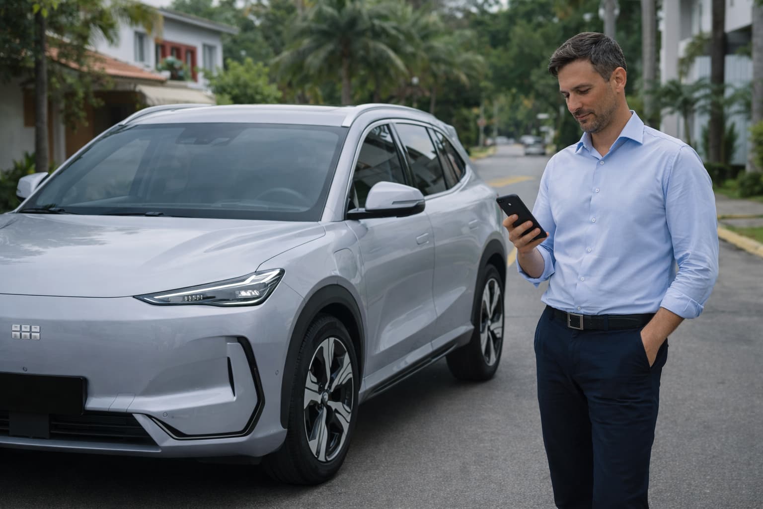 Motorista preocupado analisando custo e proteção do Geely EX5