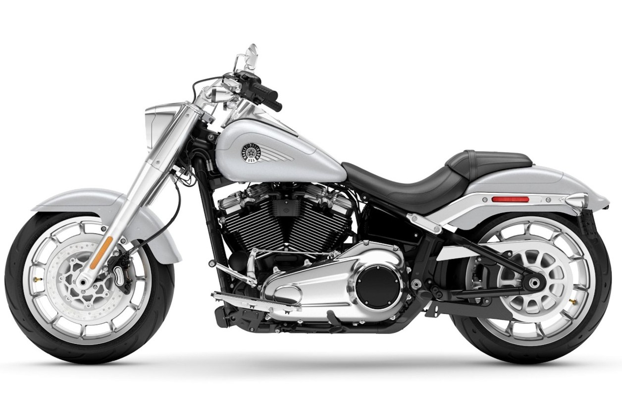 Harley-Davidson Fat Boy cinza vista lateral
