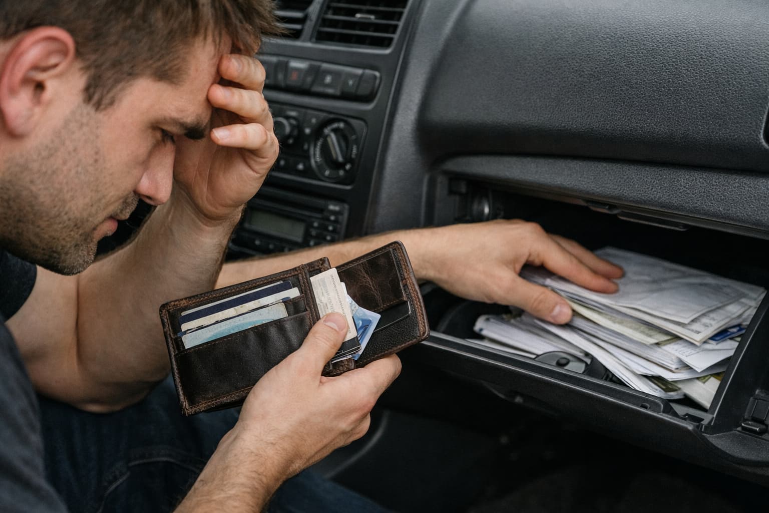 motorista procurando documento e sem CNH no carro