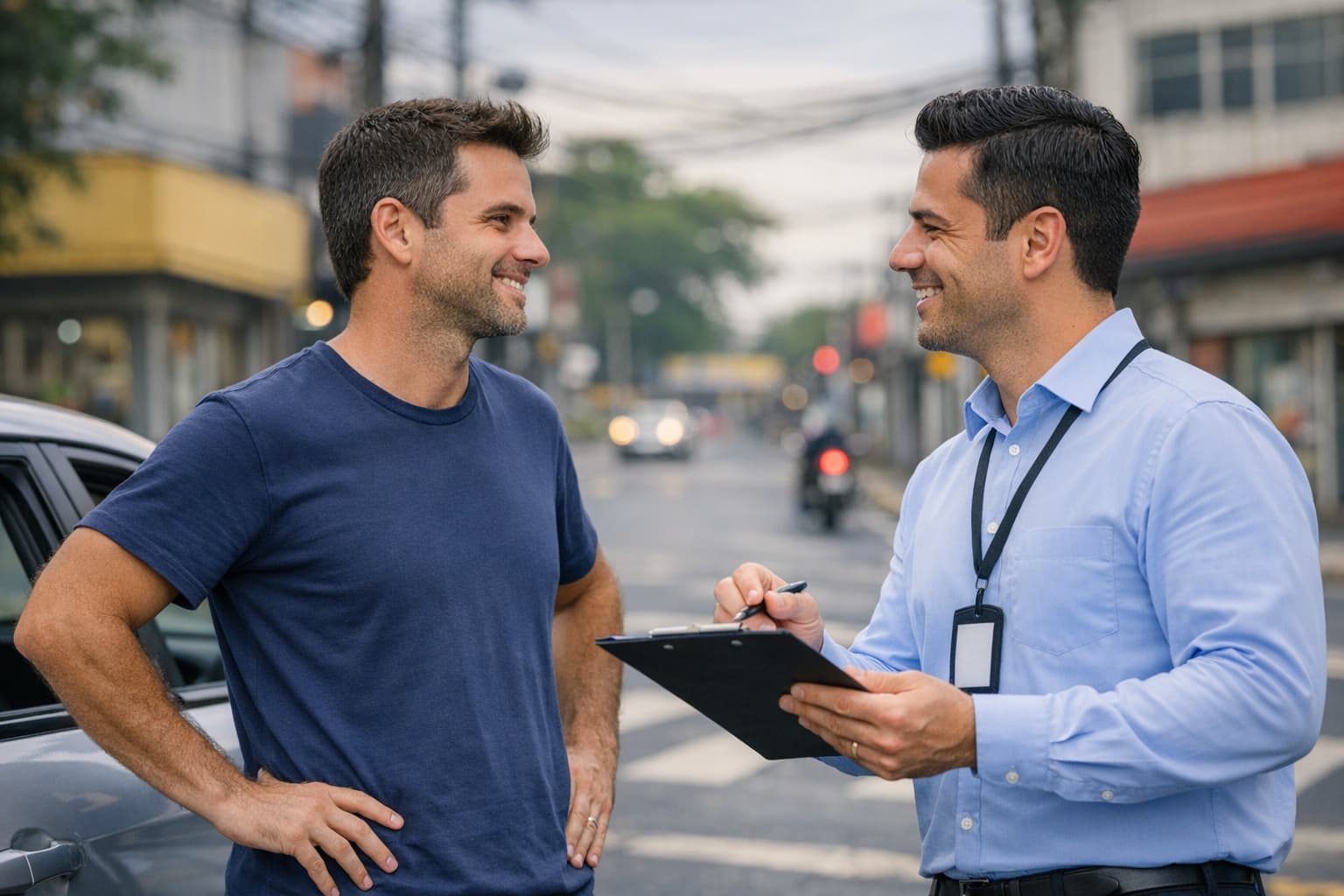cliente recebendo suporte de seguro auto após incidente