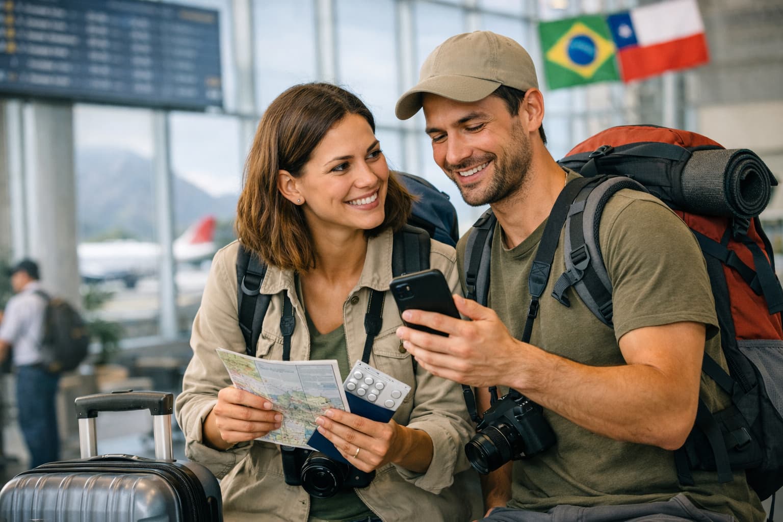 Casal de turistas em aeroporto internacional olhando passaportes com sensação de alerta e planejamento para Europa