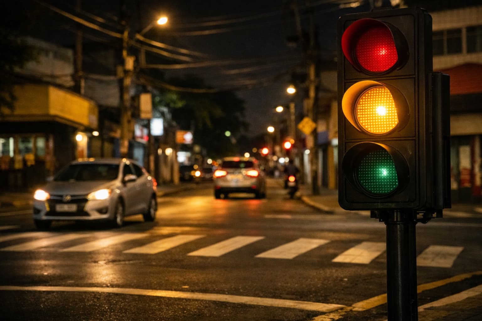 semáforo amarelo piscante indicando atenção no trânsito à noite