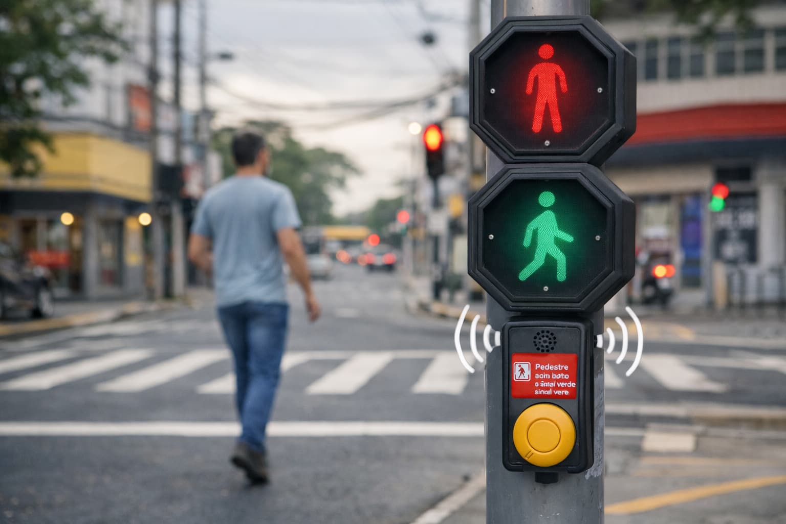 semáforo com sinal sonoro para pedestres atravessando a rua