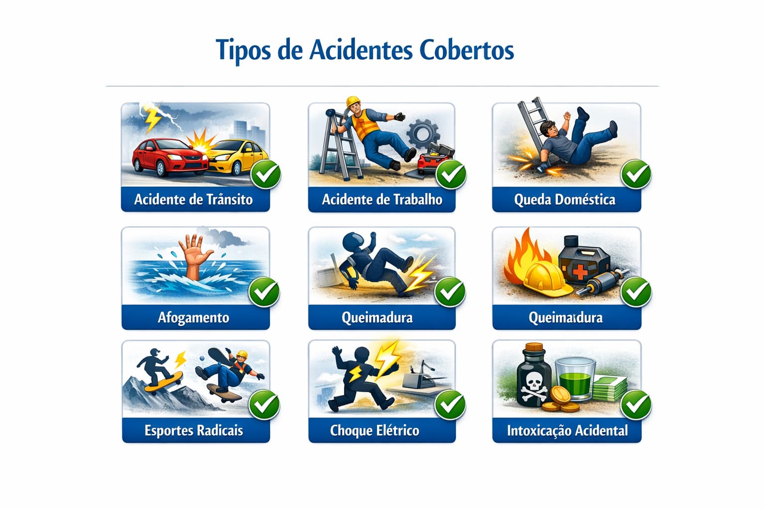 Tipos de acidentes cobertos: trânsito, trabalho, queda, afogamento